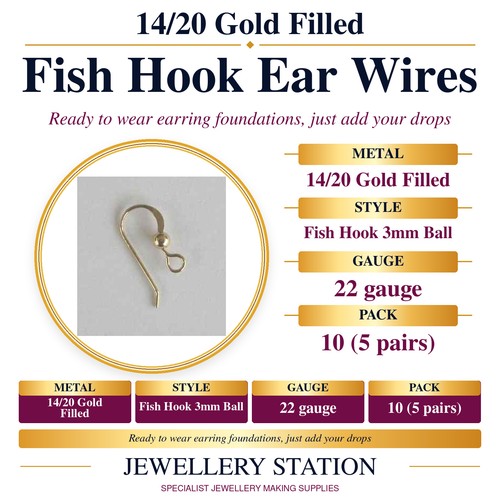 Specification guide: 14/20 gold filled fish hook ear wires, pack of 10 (5 pairs)