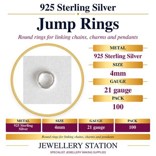 Specification guide: 925 sterling silver open jump rings, 4mm, pack of 100