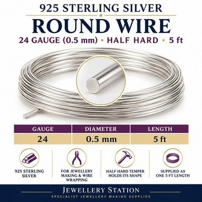 Specification guide: 925 sterling silver round wire, 24 gauge, half hard temper, 5 feet