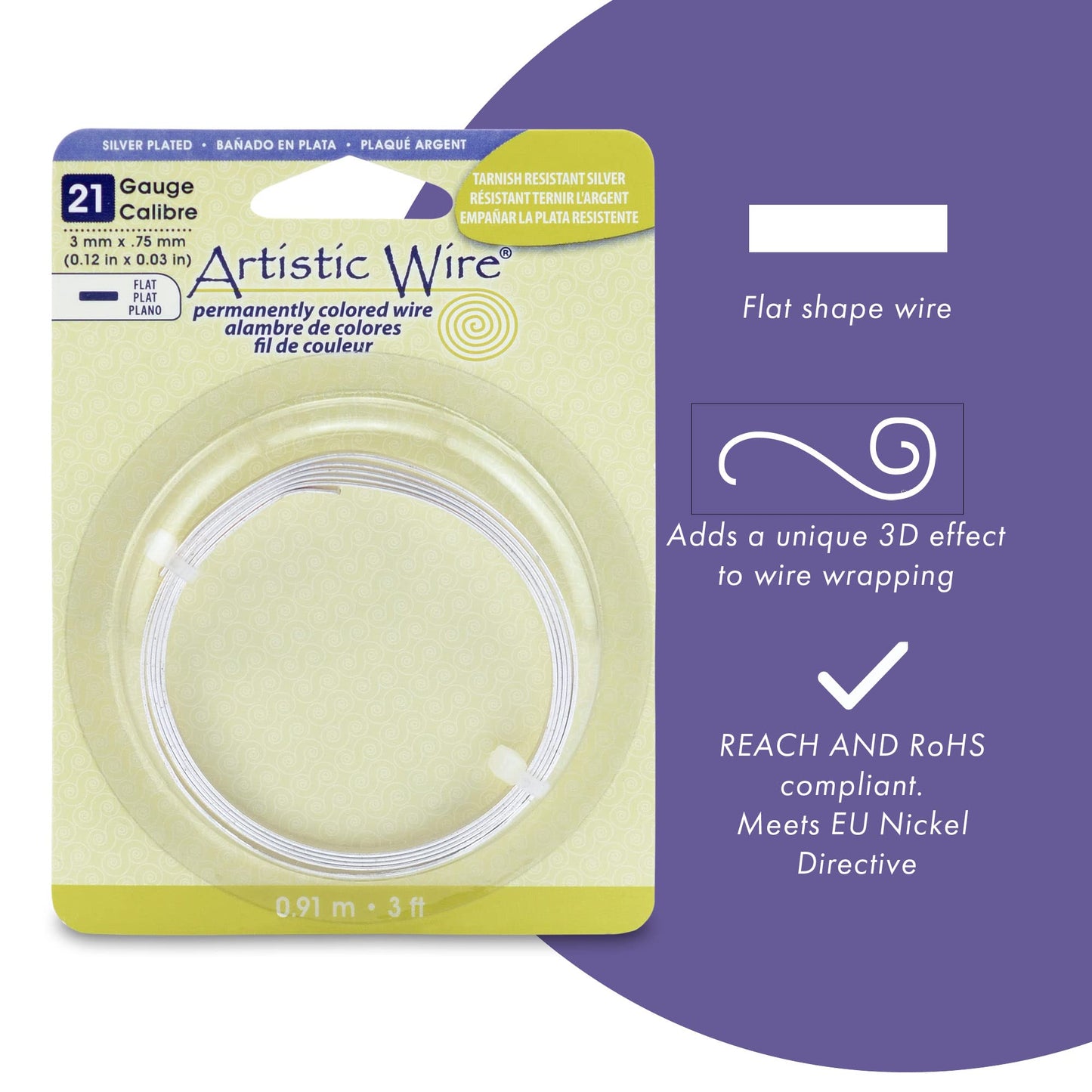 Artistic Wire, 21 Gauge, Flat, 3 mm x .75 mm / 0.12 in x 0.03 in, Tarnish Resistant Silver Plated, 3 ft / .91 m, AWB-21F-S10-03F