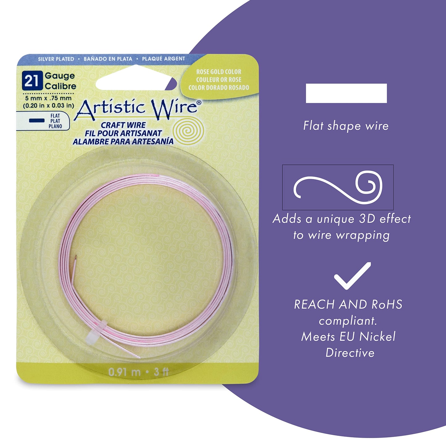 Artistic Wire, 21 Gauge, Flat, 3 mm x .75 mm / 0.12 in x 0.03 in, Tarnish Resistant Silver Plated, 3 ft / .91 m, AWB-21F-S10-03F