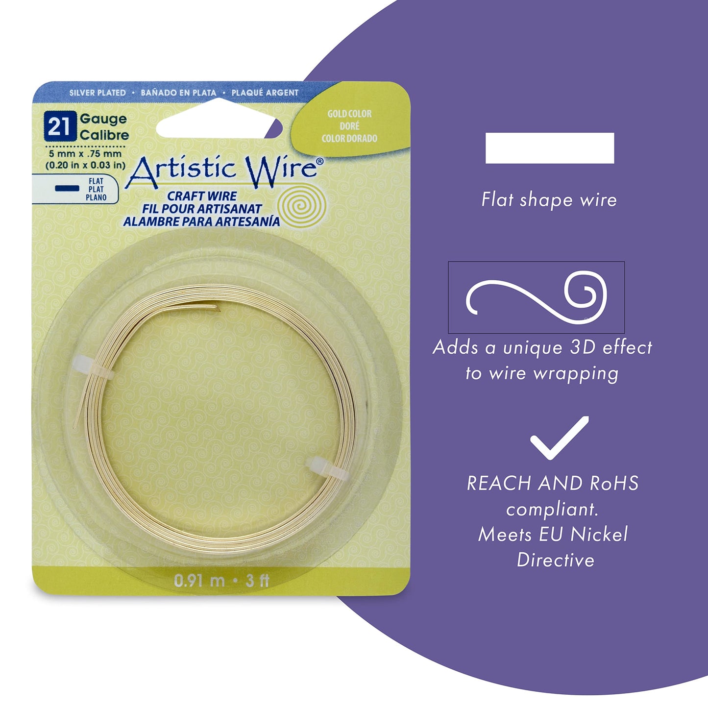 Artistic Wire, 21 Gauge, Flat, 3 mm x .75 mm / 0.12 in x 0.03 in, Tarnish Resistant Silver Plated, 3 ft / .91 m, AWB-21F-S10-03F