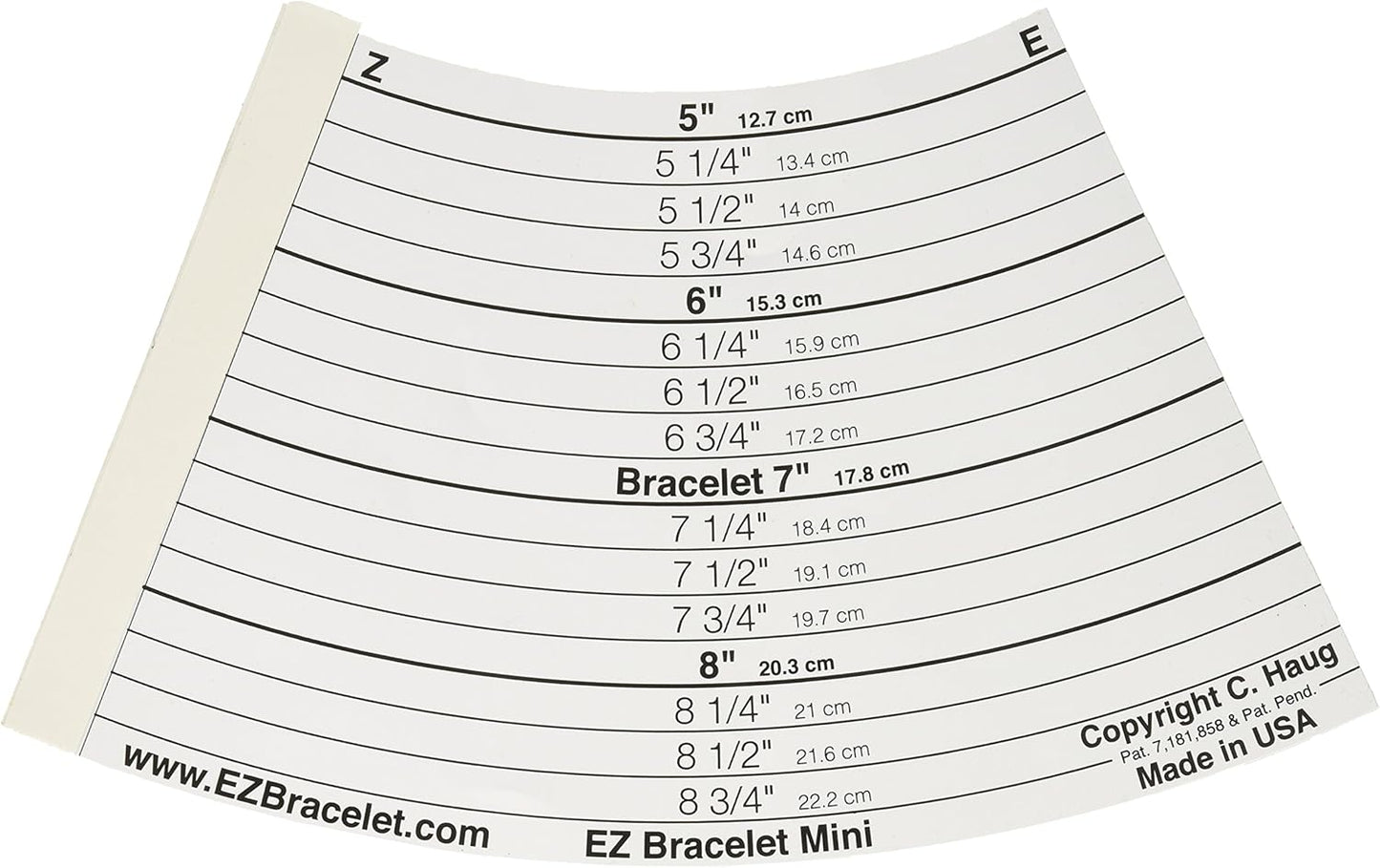 EZ Bracelet Mini sizing guide, showing measurements from 5 inches to 8 3/4 inches in both inches and centimeters.