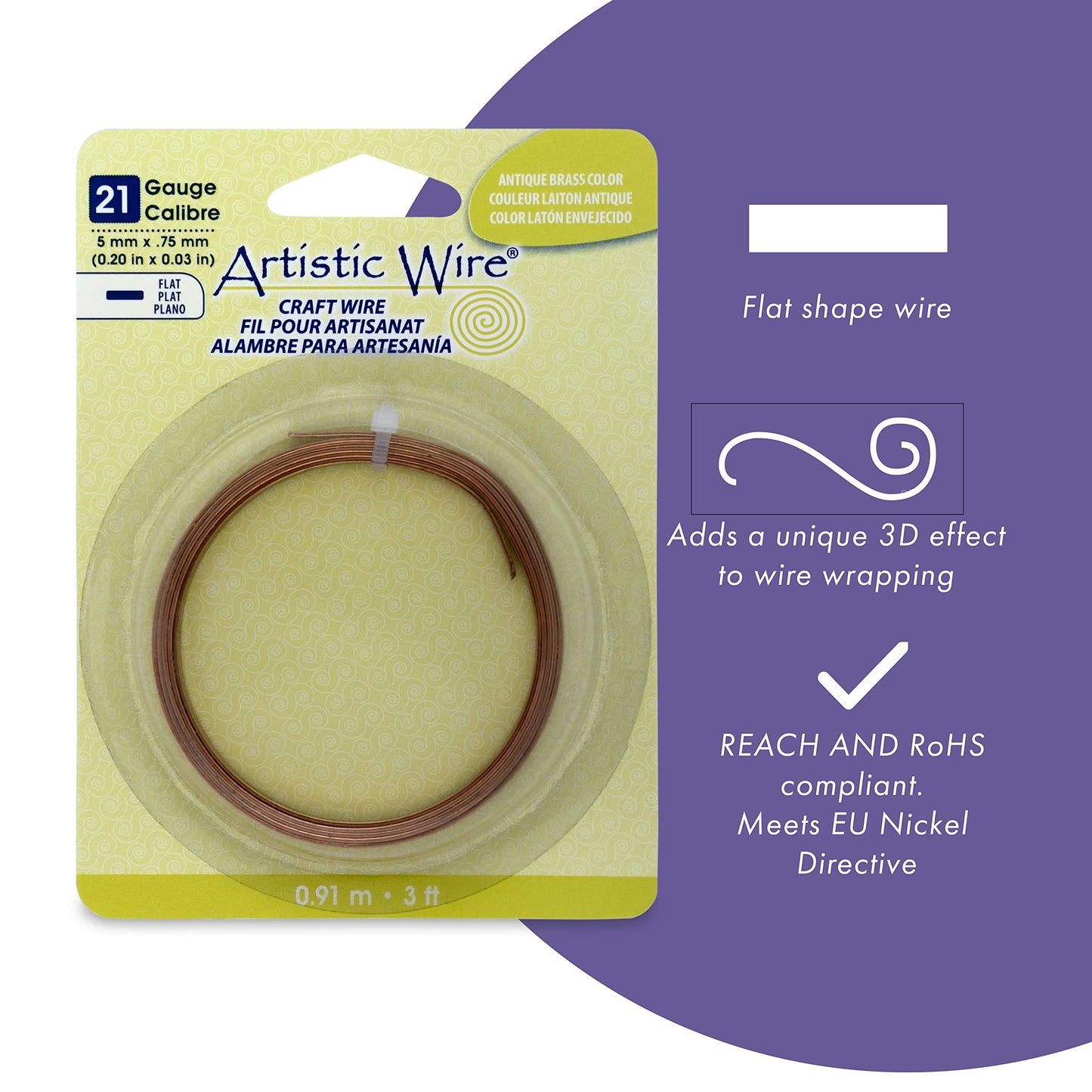 Artistic Wire, 21 Gauge, Flat, 3 mm x .75 mm / 0.12 in x 0.03 in, Tarnish Resistant Silver Plated, 3 ft / .91 m, AWB-21F-S10-03F