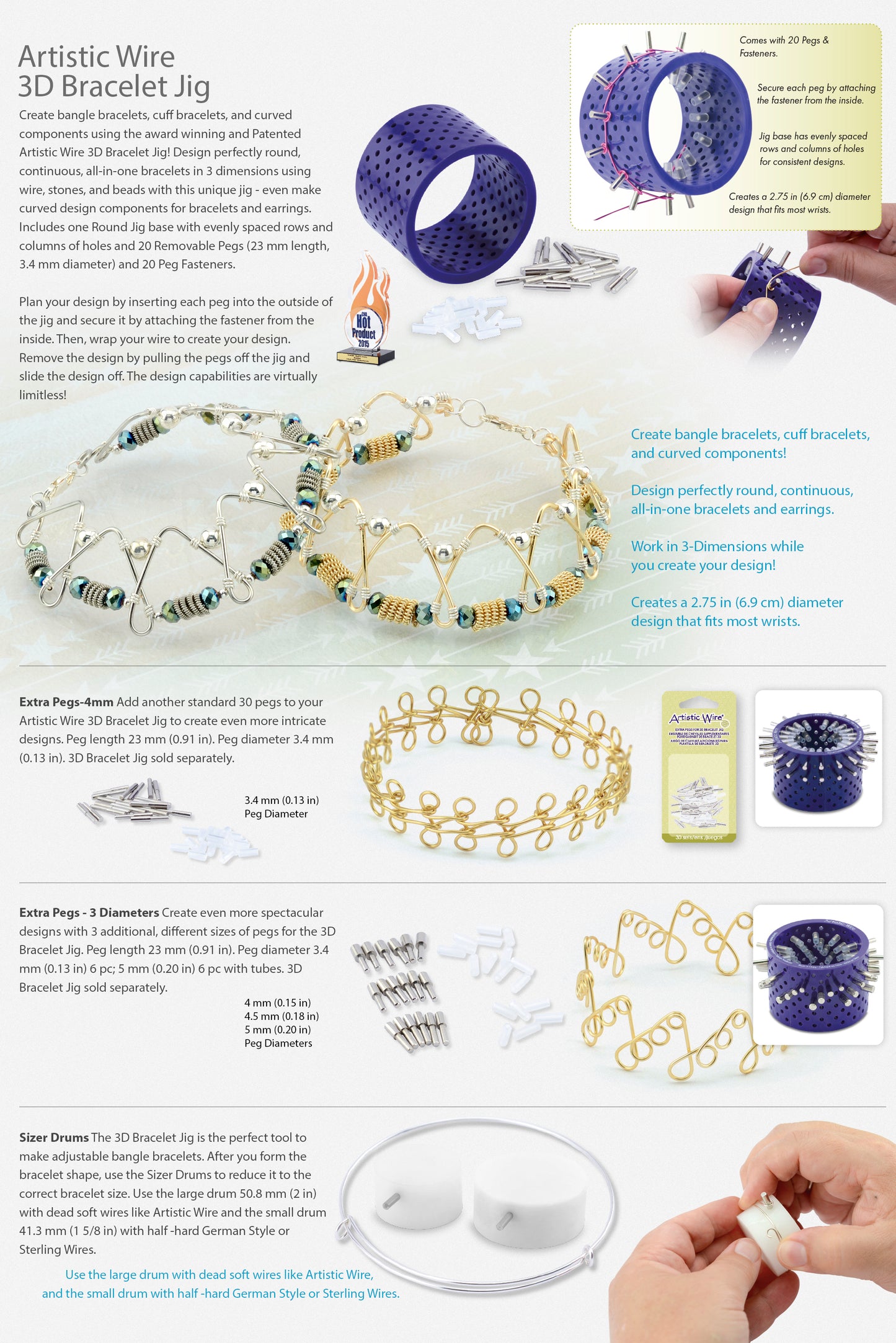 Artistic Wire 3D Bracelet Jig with 20 Pegs, and Holder Tubes