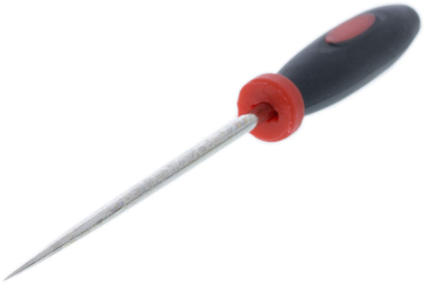 Awl tool with a pointed metal shaft, red guard, and black handle.