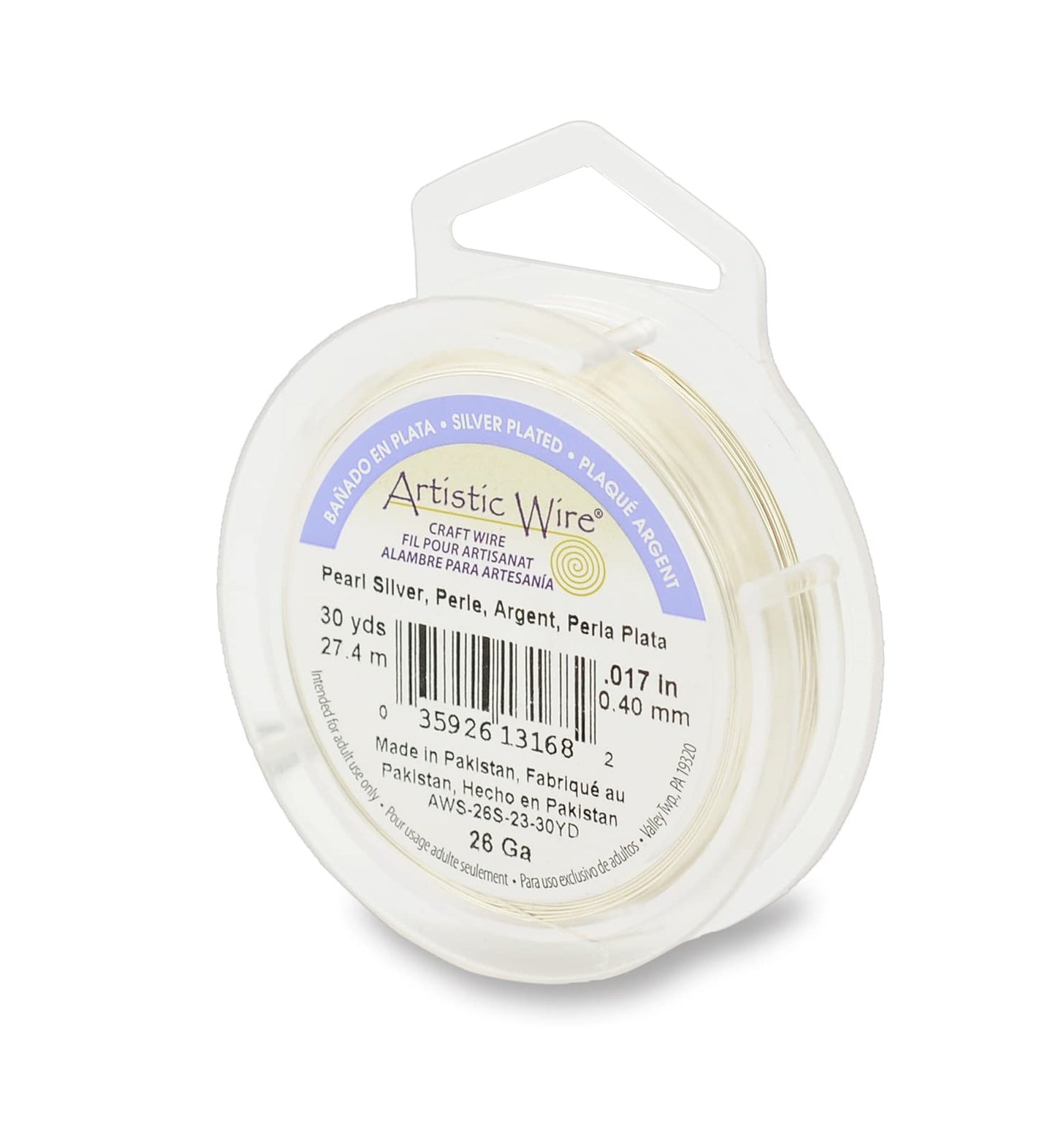 Artistic Wire Plated Tarnish Resistant Colored Copper Craft Wire, Pearl Silver, 26 Gauge / .41 mm, 30 yd / 27.4 m
