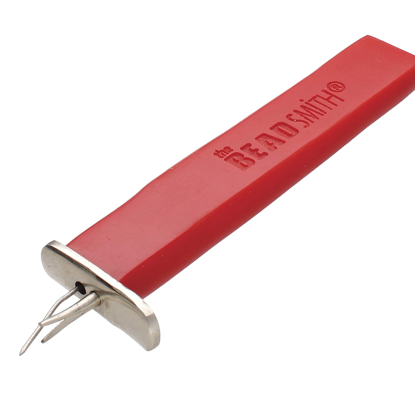Beadsmith bead reamer with red handle and metal tip used for enlarging bead holes.