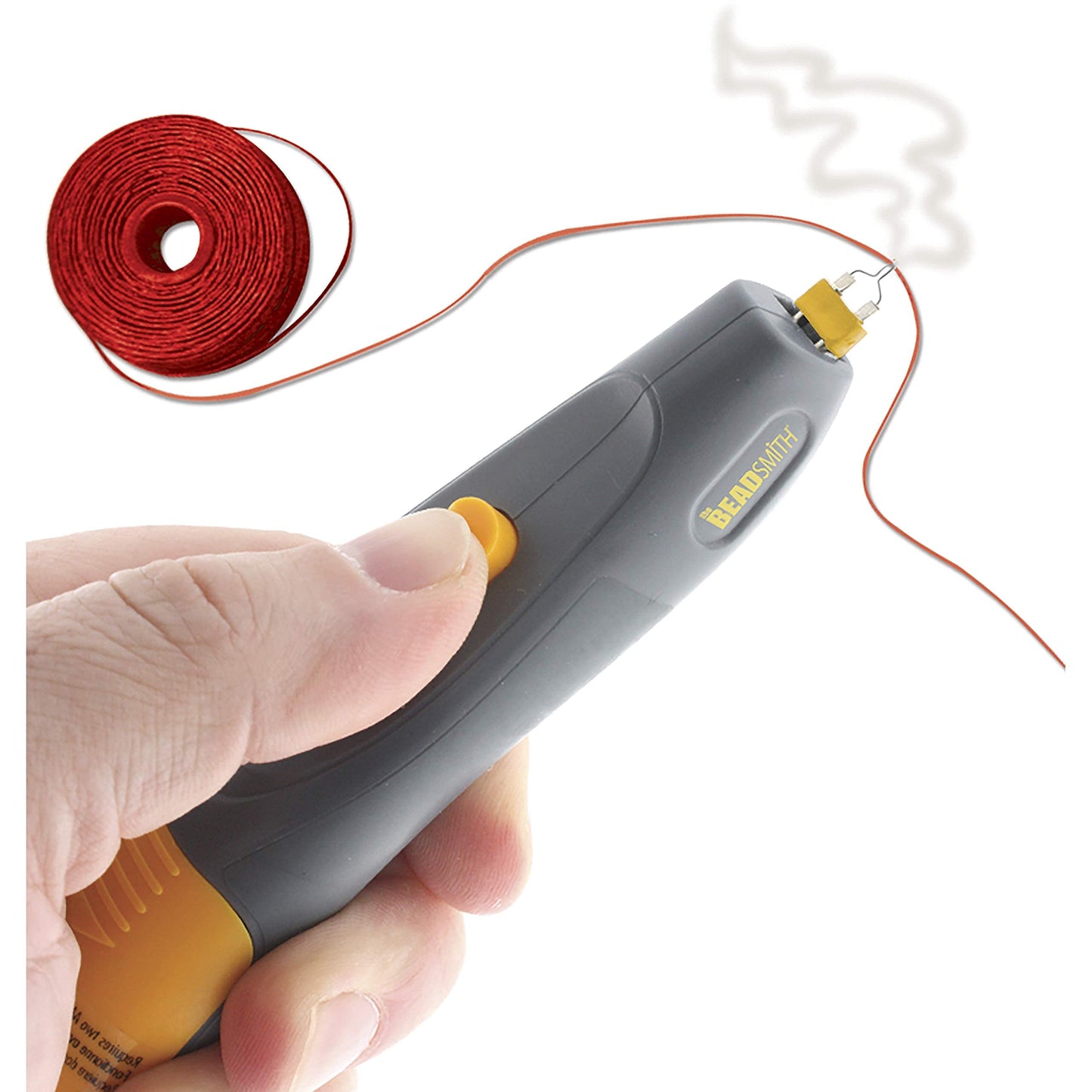 Beadsmith thread burner tool held by a hand, with spool of red thread, used for jewelry making and crafts.