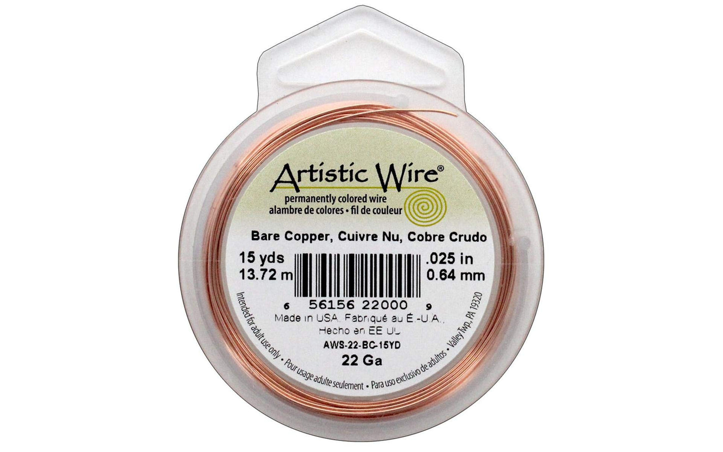Artistic Wire 22 Gauge, Bare Copper, 15 Yard Spool