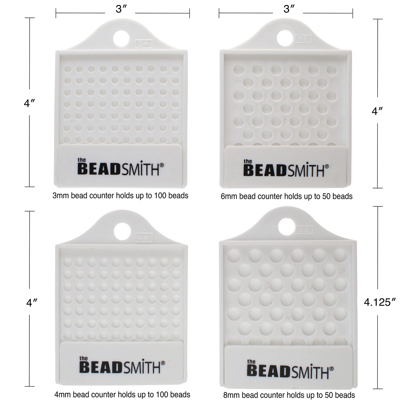 The Beadsmith bead counters in 3mm, 4mm, 6mm and 8mm sizes. White plastic with circular indents to hold beads for counting.