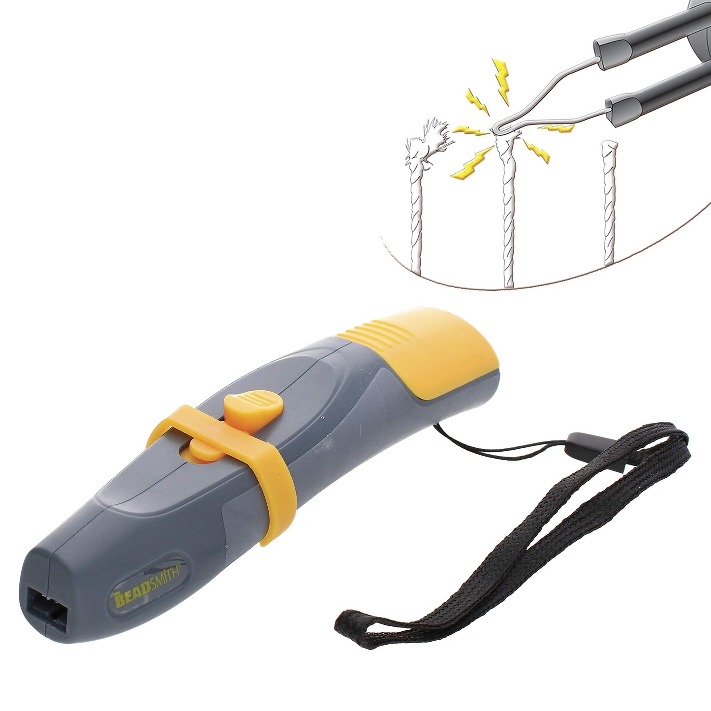 Beadsmith thread burner tool with gray and yellow handle and wrist strap, used for burning thread ends.