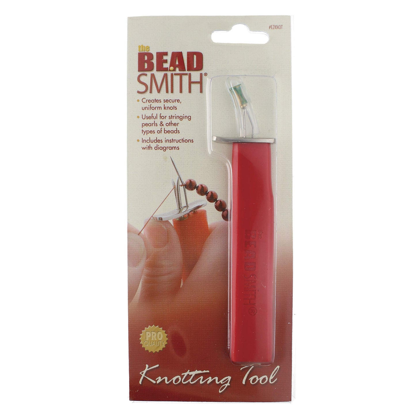 The Bead Smith knotting tool in packaging. Red handle knotting tool for creating secure knots when stringing beads.