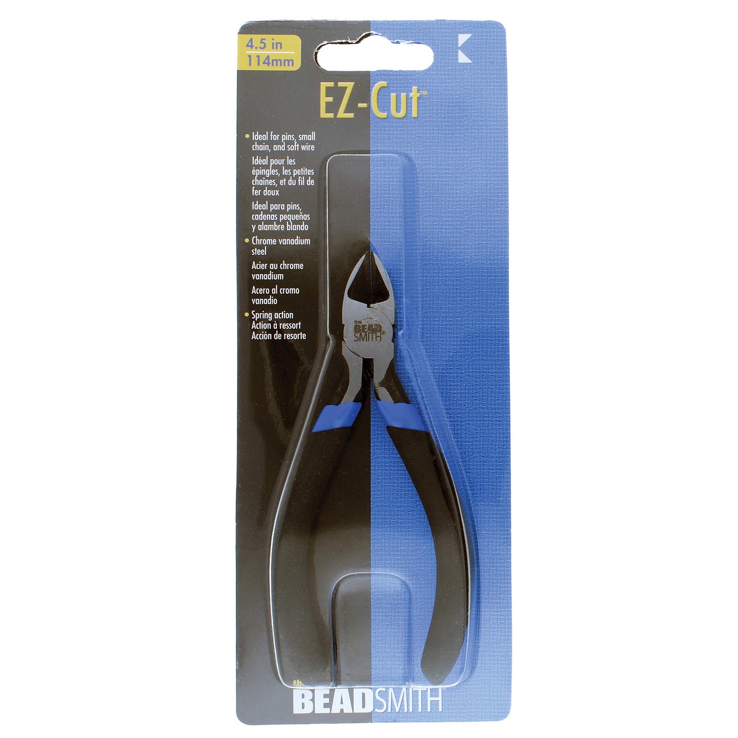 The Beadsmith EZ Cut Vanadium Steel Side Cutter, 4.5 inches (115mm), Blue and Black Cushion Grip, Spring Loaded Handle, Tool for Jewelry Making