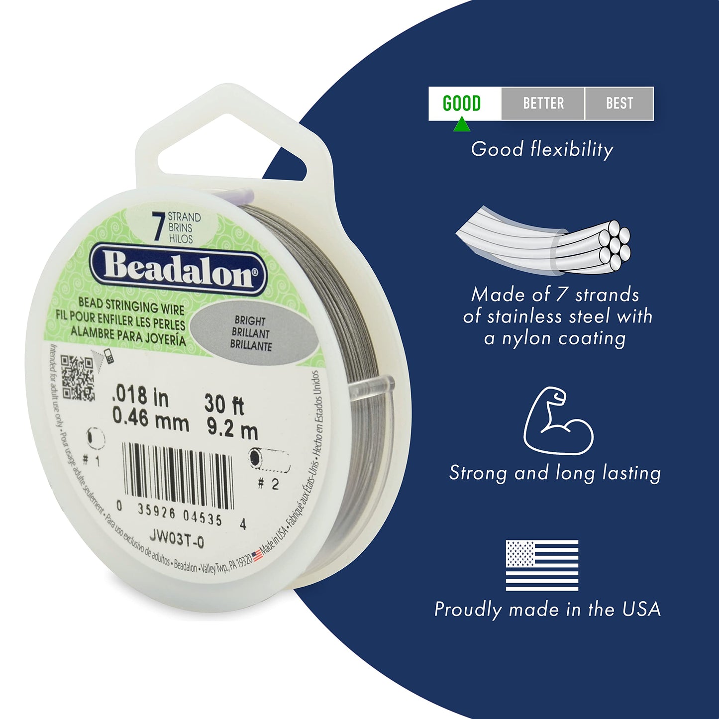 Beadalon JW03T-0 Bead Stringing Wire 7-Strand 0.018" (0.46 mm) 30 ft (9.1 m) Bright, Silver, 0,024" (0,61 mm)
