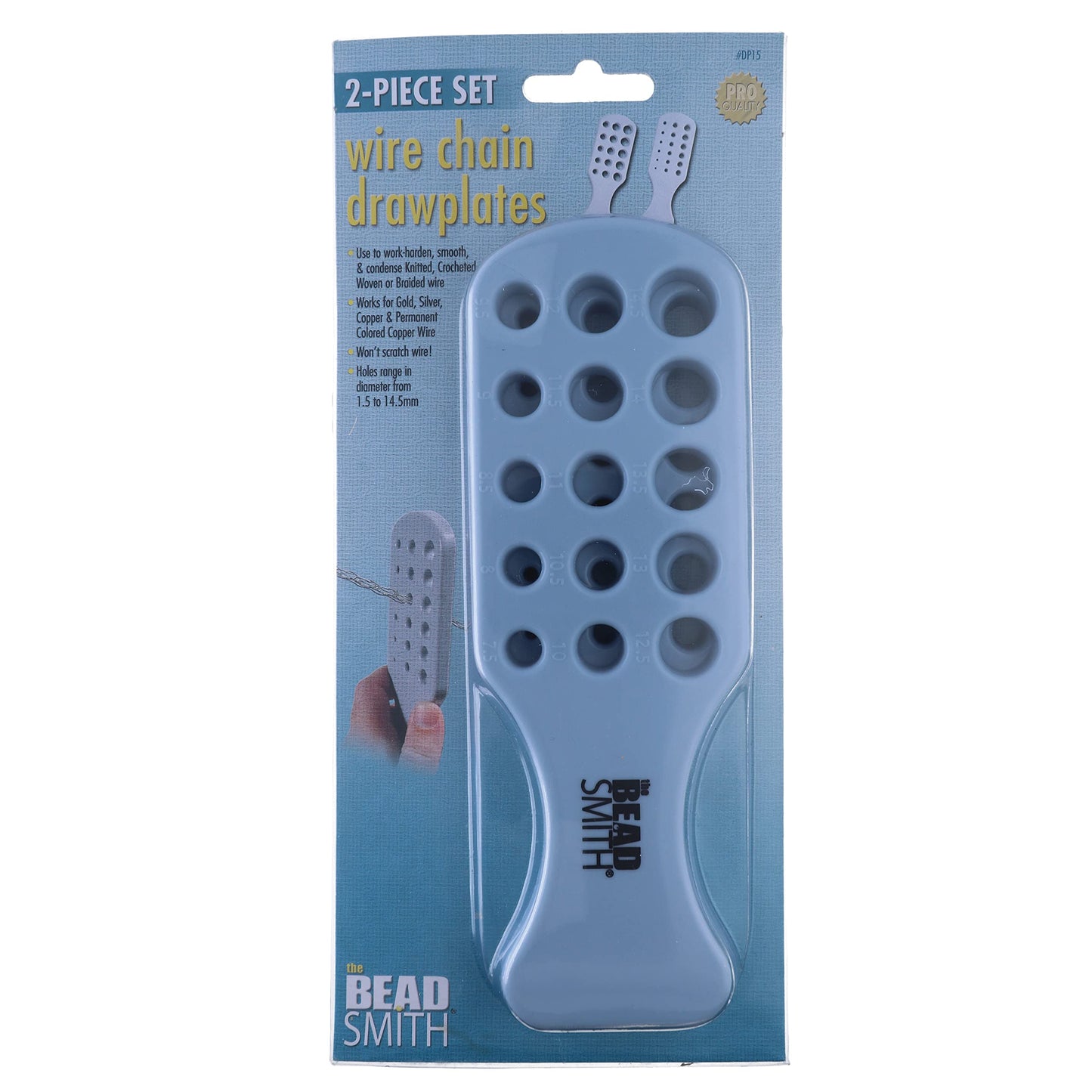 Beadsmith 2-piece wire chain drawplates set for jewelry making; blue tool with labeled hole sizes ranging 1.5-14.5mm.