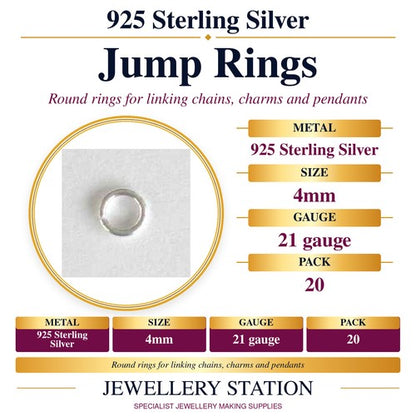 Specification guide: 925 sterling silver open jump rings, 4mm, pack of 20