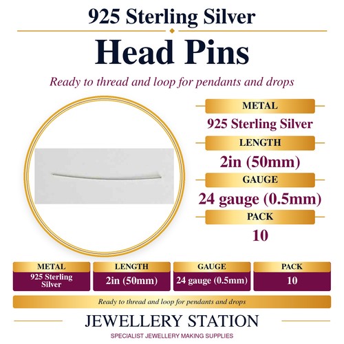 Specification guide: 925 sterling silver head pins, 24 gauge, 2 inch, pack of 10