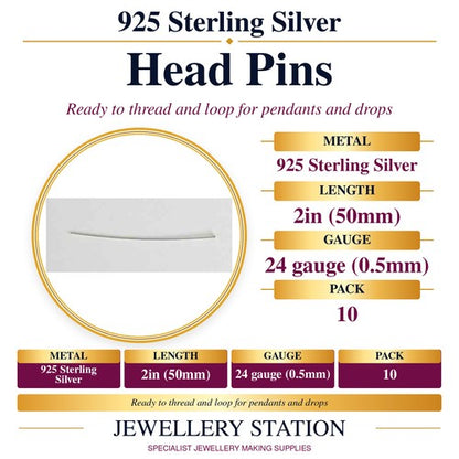 Specification guide: 925 sterling silver head pins, 24 gauge, 2 inch, pack of 10