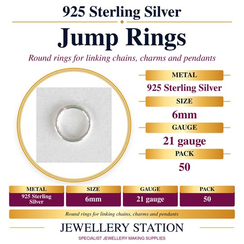 Specification guide: 925 sterling silver open jump rings, 6mm, pack of 50
