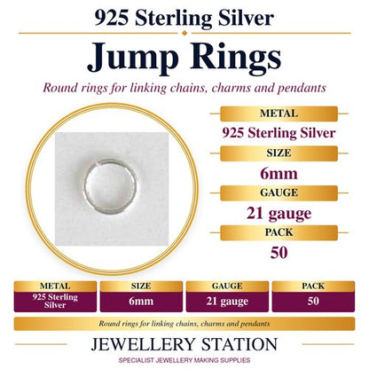Specification guide: 925 sterling silver open jump rings, 6mm, pack of 50