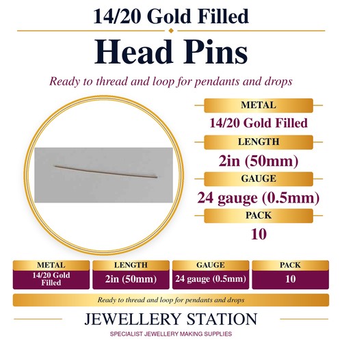 Specification guide: 14/20 gold filled head pins, 24 gauge, 2 inch, pack of 10