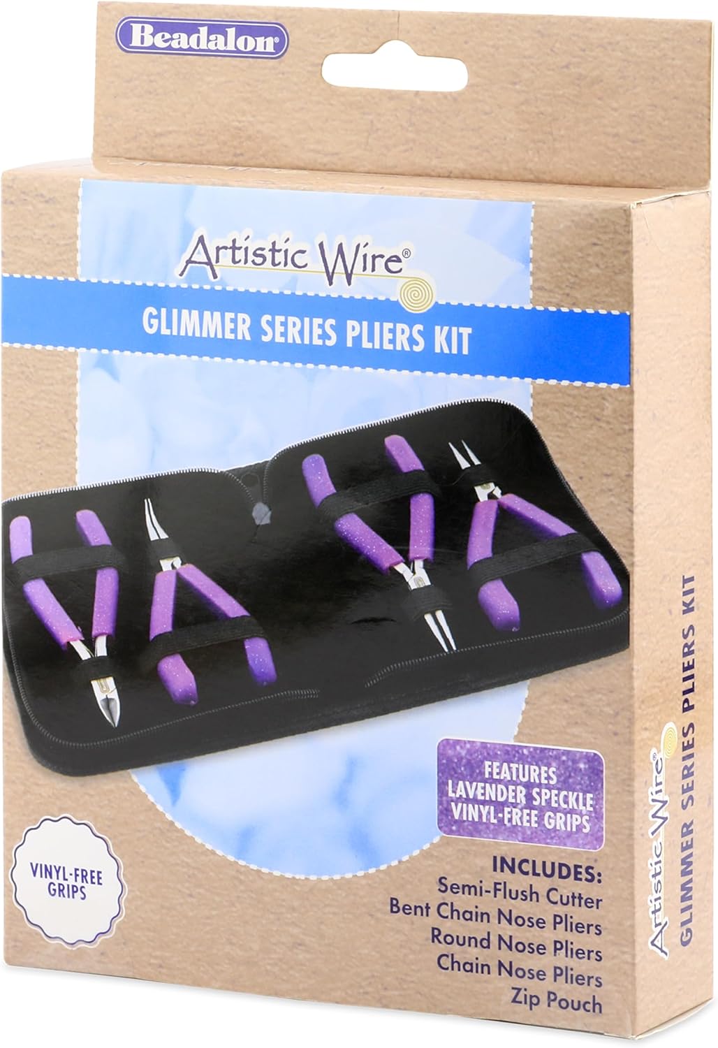 Beadalon Designer Series Glimmer Pliers Kit, Lavender Speckle Vinyl-Free Grips, Chain, Bent Chain, Round, Semi-Flush Cutter, 4.75 in ea, 4 pc with Zip Pouch
