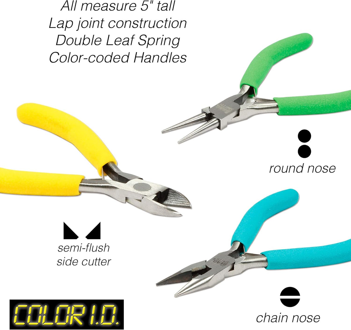 Beadsmith Colour-ID 3-Piece Pliers Set – Chain, Round & Side Cutter (5″)