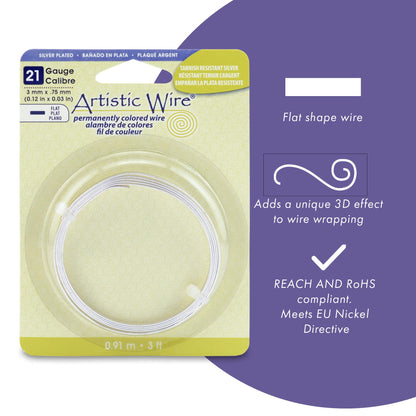 Artistic Wire, 21 Gauge, Flat, 3 mm x .75 mm / 0.12 in x 0.03 in, Tarnish Resistant Silver Plated, 3 ft / .91 m, AWB-21F-S10-03F