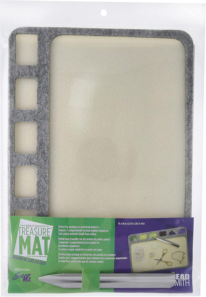 Seed Bead Treasure Mat, 11x8 inch deluxe mat with 7 compartments, gray felt frame, for jewelry making.