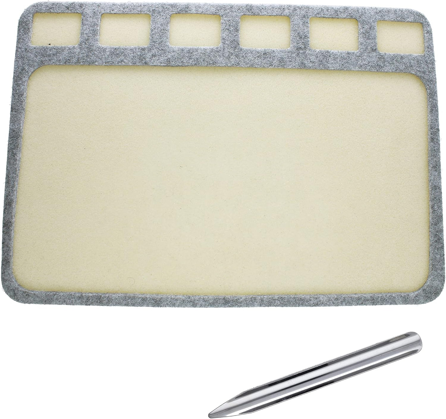 Punch needle embroidery kit with grey frame and needle tool.