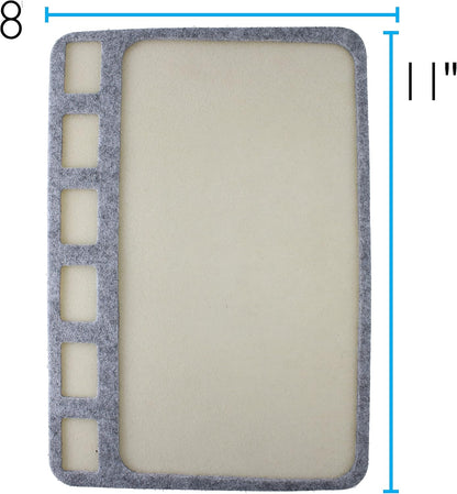 Gray felt board, 8x11 inches, with square cutouts.