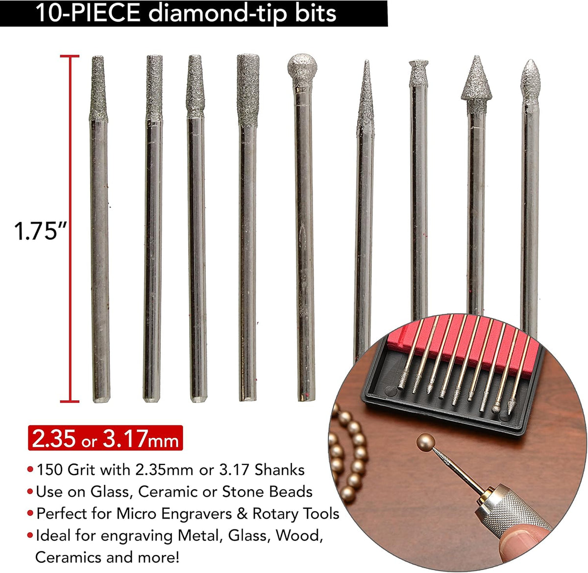 Beadsmith BUR10 10-Piece Diamond 150 Grit Tip Drill Bits for Engraving, 2.35mm