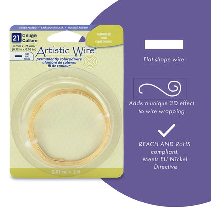Artistic Wire, 21 Gauge, Flat, 3 mm x .75 mm / 0.12 in x 0.03 in, Tarnish Resistant Silver Plated, 3 ft / .91 m, AWB-21F-S10-03F