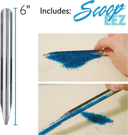 Scoop-EZ Bead Scoop: 6-inch silver bead scoop shown with blue beads being scooped.