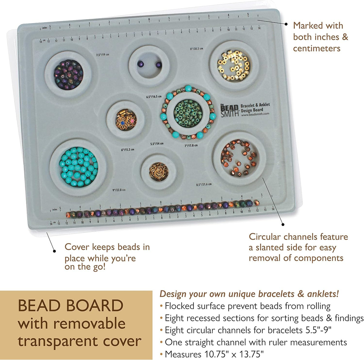 Beadsmith Elements Bracelet & Anklet Design Bead Board – Jewellery Planning Board with Channels & Ruler (Grey)