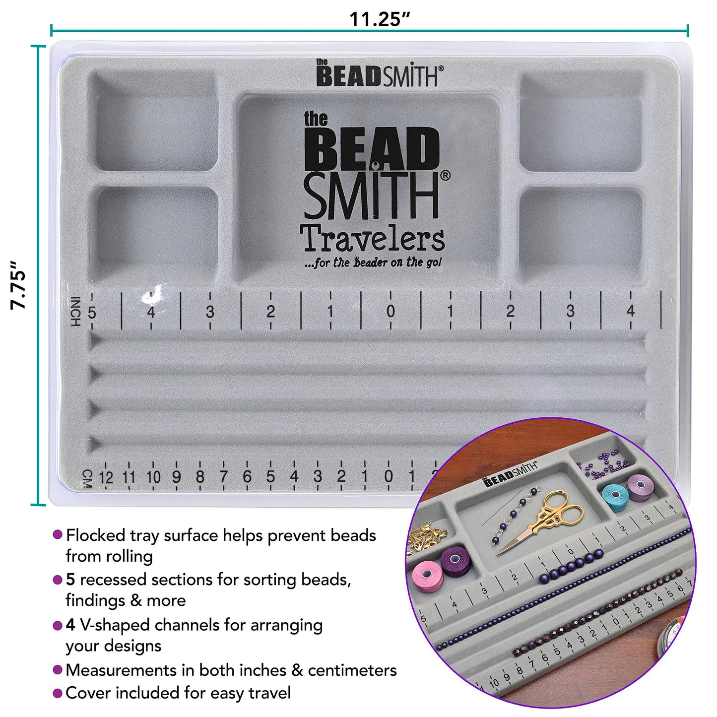 The BeadSmith Travel Bead Design in Beading Board and Gray Flock with Lid, 7.75 by 11.25-Inch