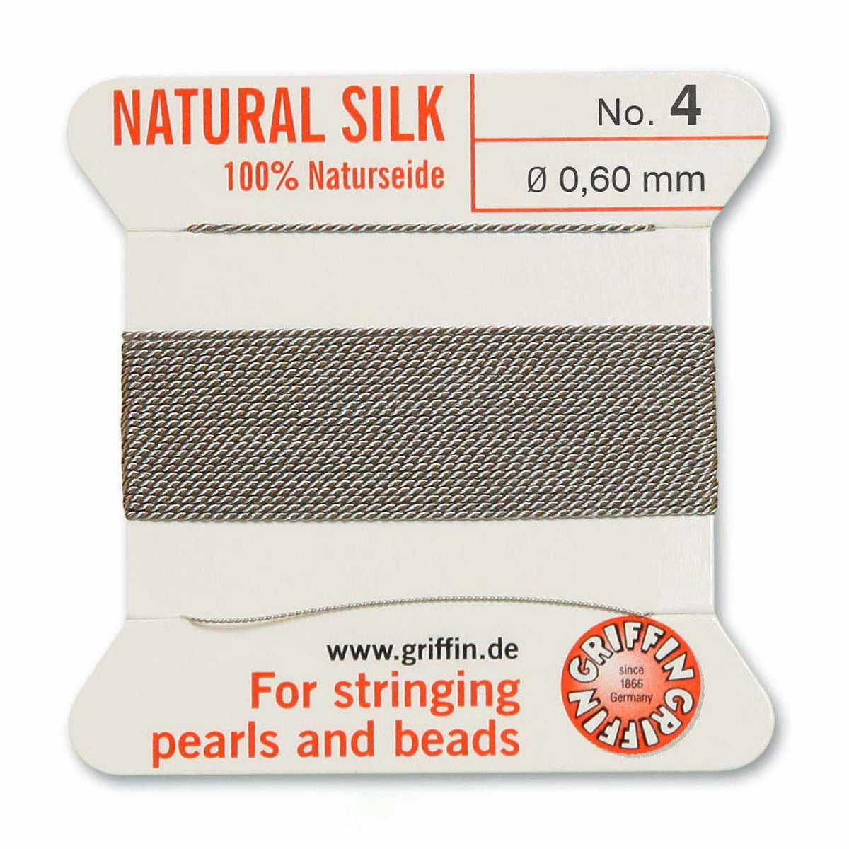 Griffin Silk Bead Cord Grey Size 4 – 2m with Needle