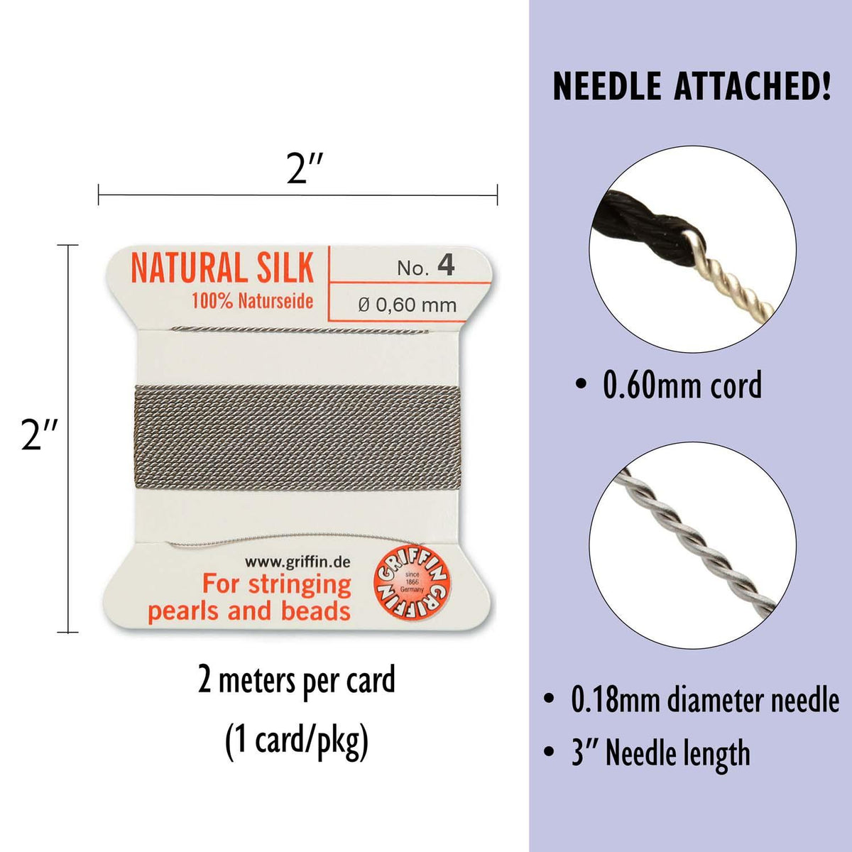 Griffin Silk Bead Cord Grey Size 4 – 2m with Needle