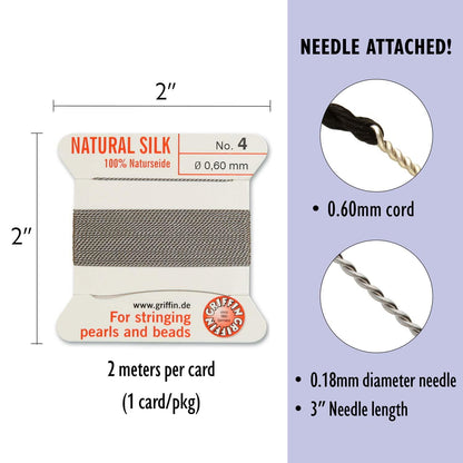 Griffin Silk Bead Cord Grey Size 4 – 2m with Needle