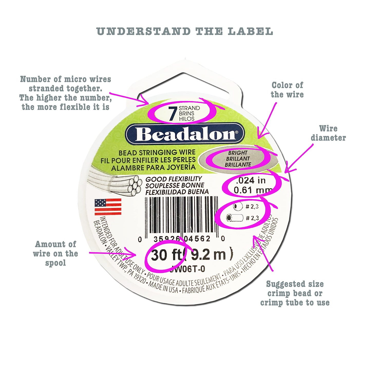 Beadalon 7 Strand Stainless Steel Bead Stringing Wire, 0.012 in / 0.30 mm, Bright, 30 ft / 9.2 m