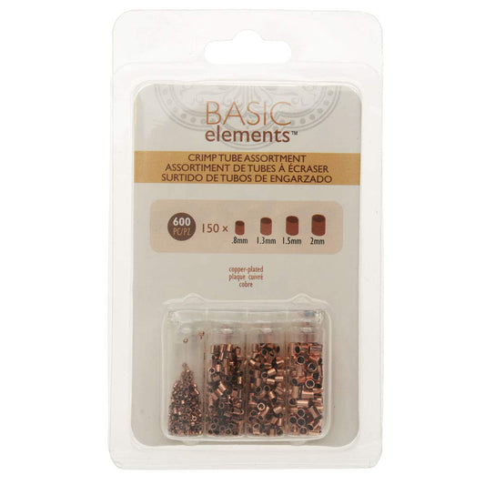 Basic Elements Crimp Tube Beads, 4 Size Variety Pack, 600 Pieces, Copper Plated