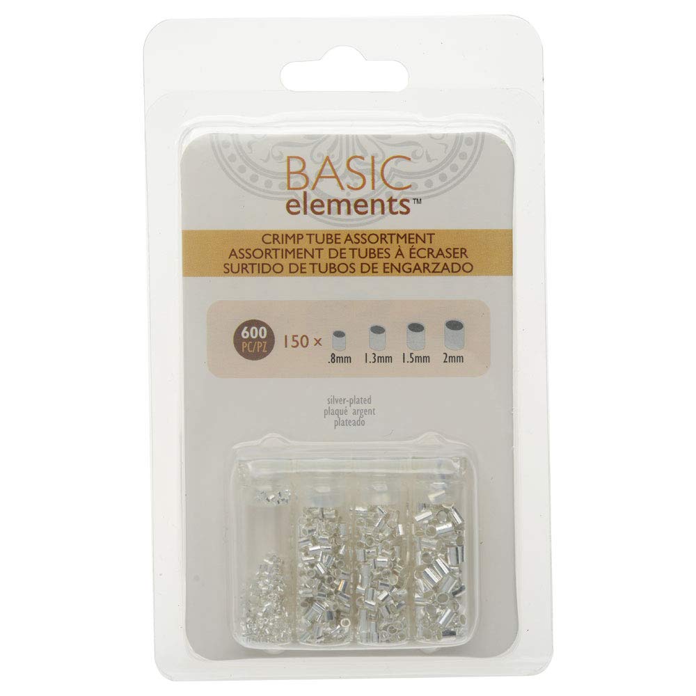 Basic Elements Crimp Tube Beads, 4 Size Variety Pack, 600 Pieces, Silver Plated