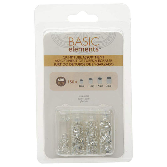Basic Elements Crimp Tube Beads, 4 Size Variety Pack, 600 Pieces, Silver Plated