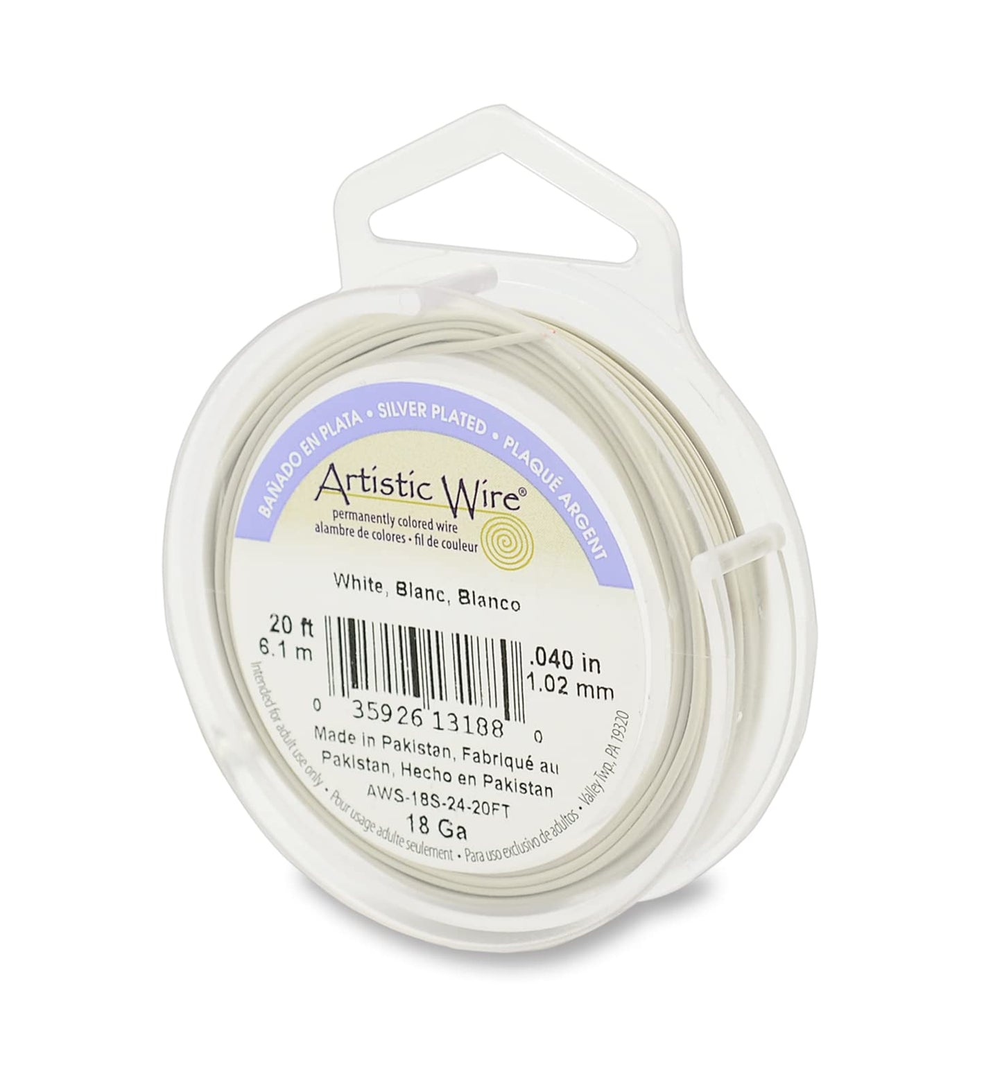 Artistic Wire Silver Plated Tarnish Resistant Colored Copper Craft Wire, White, 18 Gauge, 20 ft