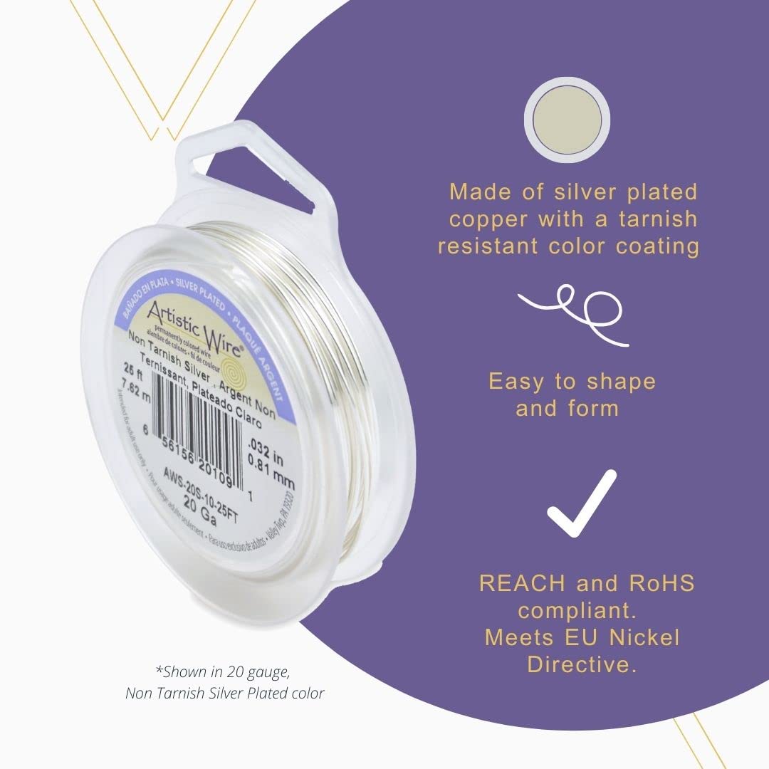 Artistic Wire Silver Plated Tarnish Resistant Colored Copper Craft Wire, White, 18 Gauge, 20 ft