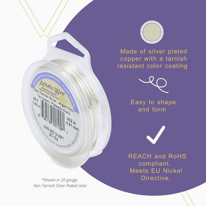 Artistic Wire Silver Plated Tarnish Resistant Colored Copper Craft Wire, White, 18 Gauge, 20 ft