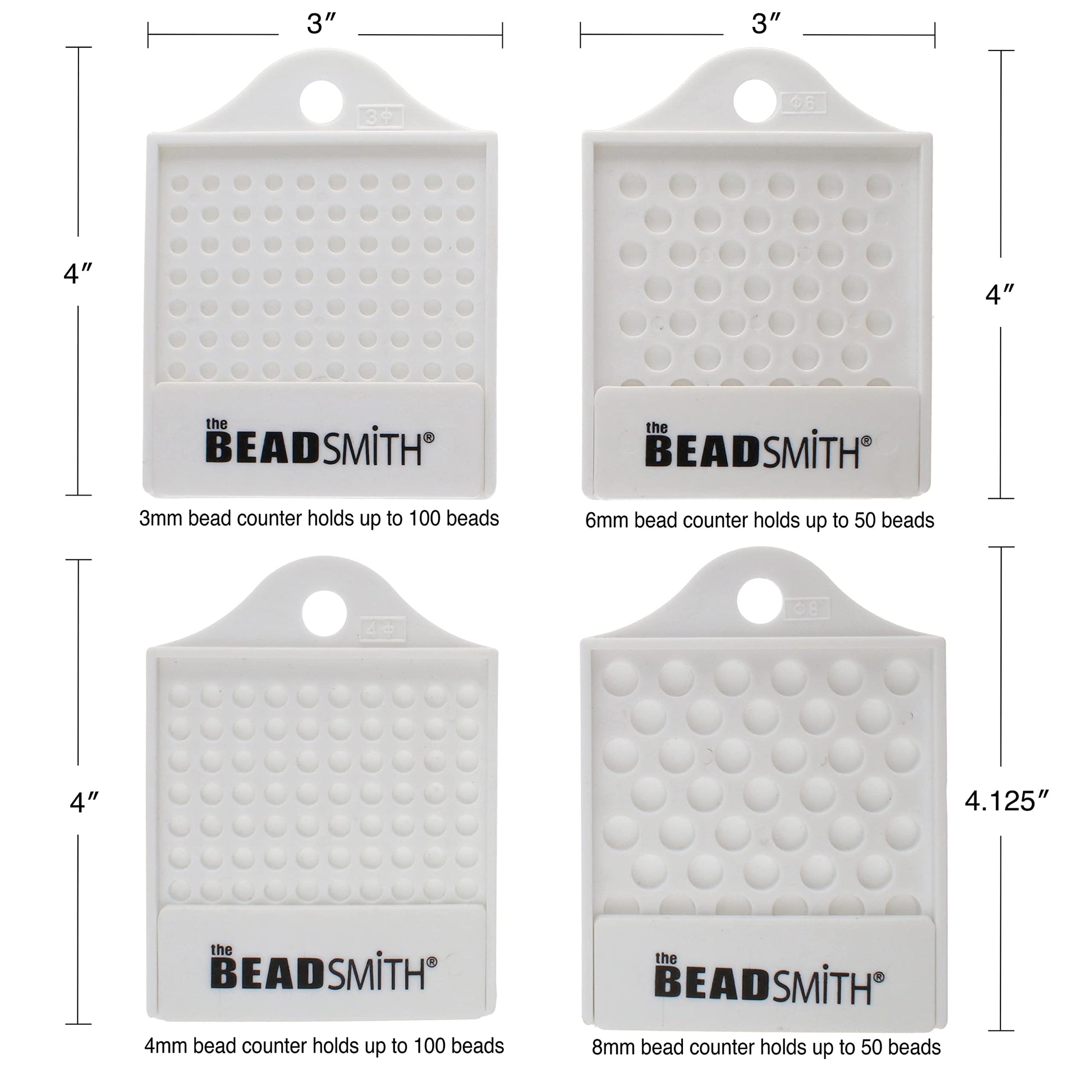 The Beadsmith bead counters in 3mm, 4mm, 6mm and 8mm sizes. White plastic with circular indents to hold beads for counting.