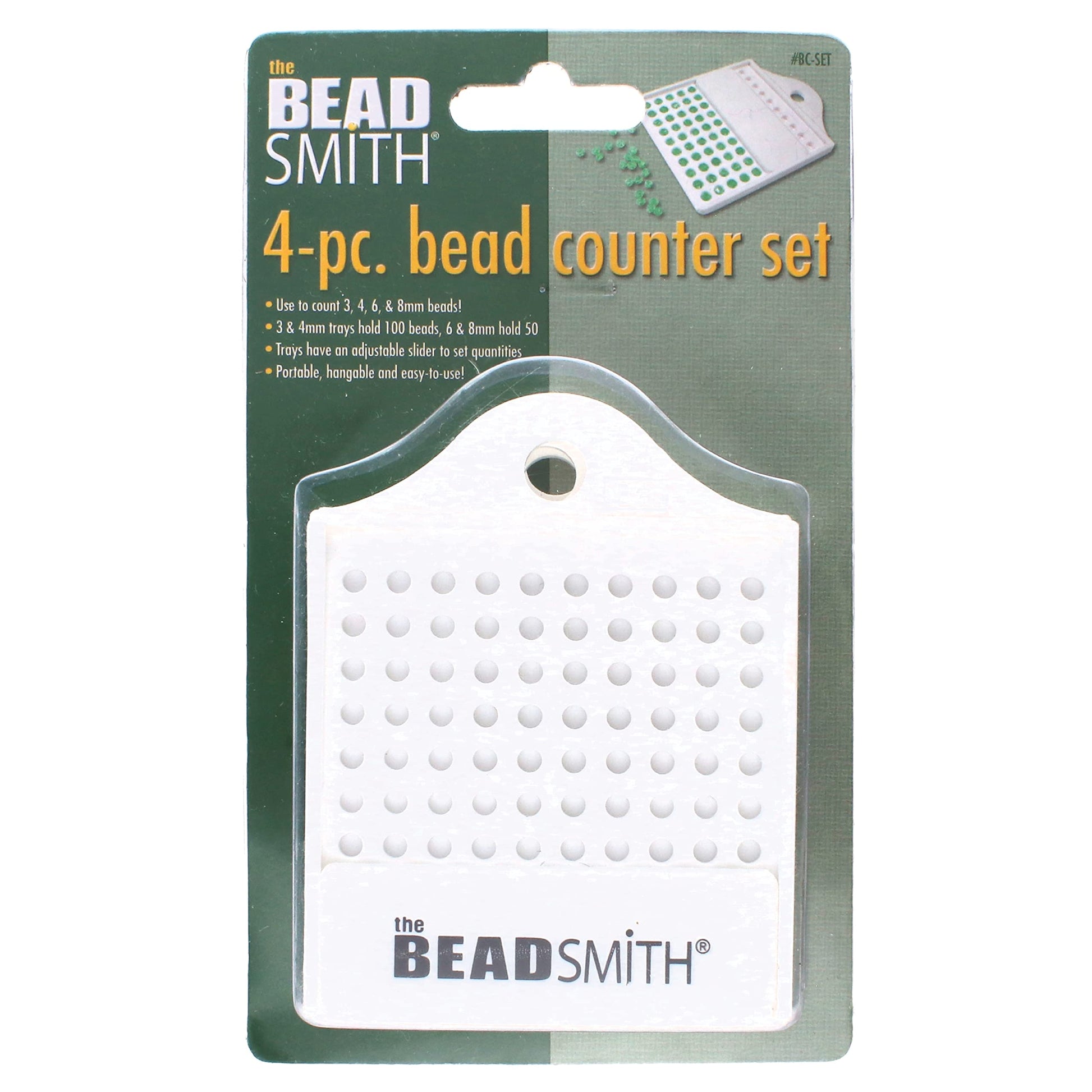 Beadsmith 4-pc bead counter set for counting 3, 4, 6, and 8mm beads. Includes adjustable slider trays.