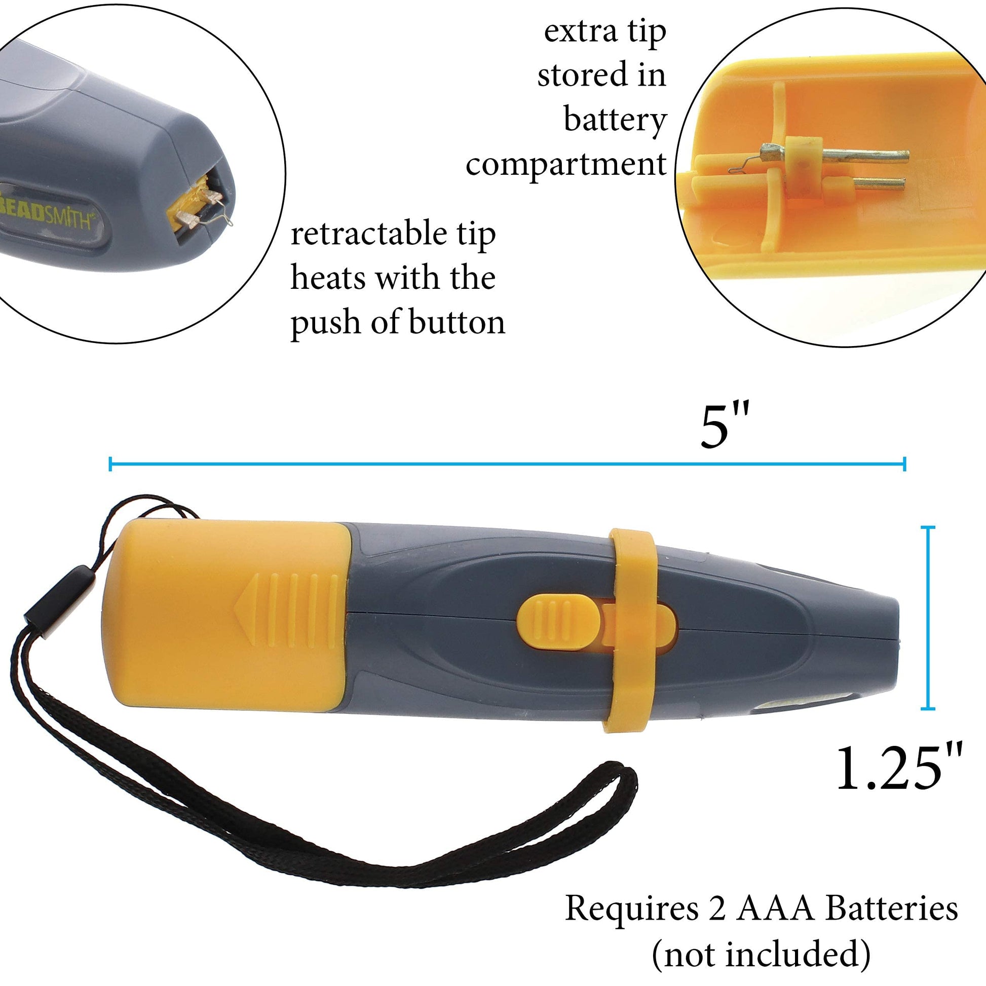 Beadsmith bead burner tool, gray and yellow, featuring a retractable tip and extra tip in battery compartment. 5 inches long.